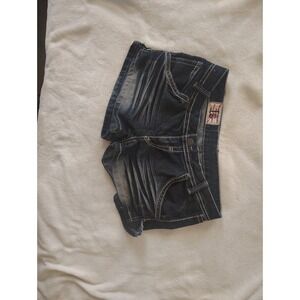 1st Kiss Womens Denim Shorts Dark Wash Thick Stitch Whiskered Y2K Low Rise